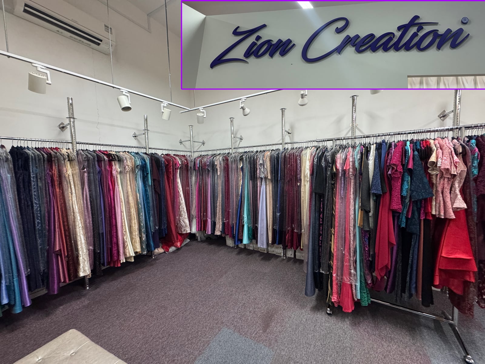 Inside the Zion Creation Atelier, with racks of bespoke and Demi-Couture pieces
