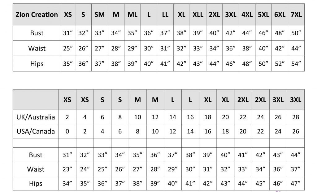 Zion Creation in-house measurement chart