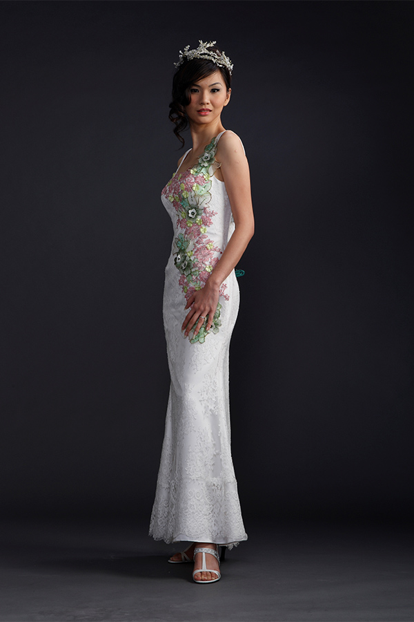 white bridal evening gown with applique
