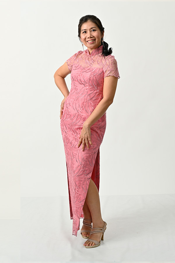Dusty Pink Embriodery Tulle Cheongsam with Sleeve