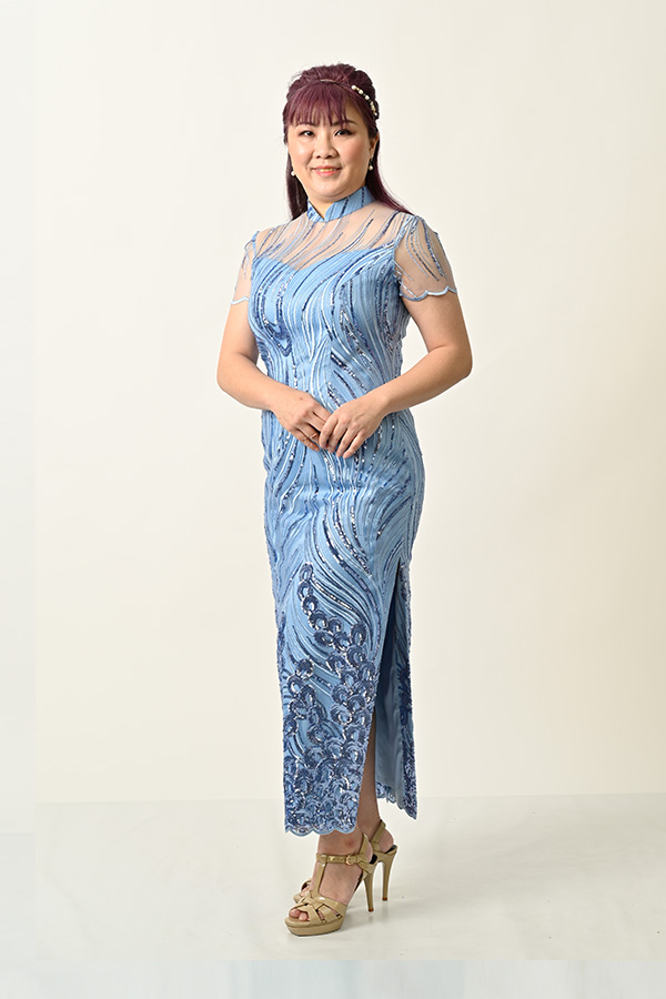 Sky blue sequin tulle plus size mother-of-bride cheongsam