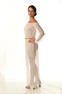 Off-White Lurex Pleated Off-shoulder long sleeve Sheer Dress